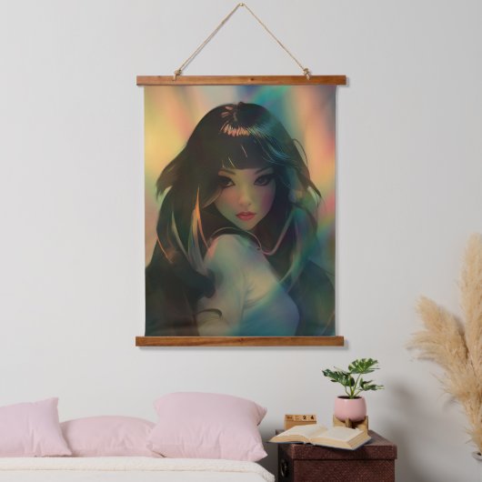 Kunstwerk van anime meisje omringd door regenboogl hangend wandkleed (Slaapkamer)