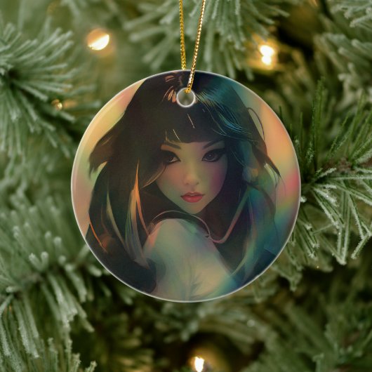 Kunstwerk van anime meisje omringd door regenboogl keramisch ornament (Boom)