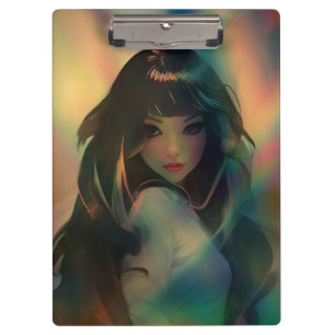 Kunstwerk van anime meisje omringd door regenboogl klembord