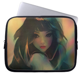 Kunstwerk van anime meisje omringd door regenboogl laptop sleeve