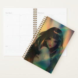 Kunstwerk van anime meisje omringd door regenboogl planner