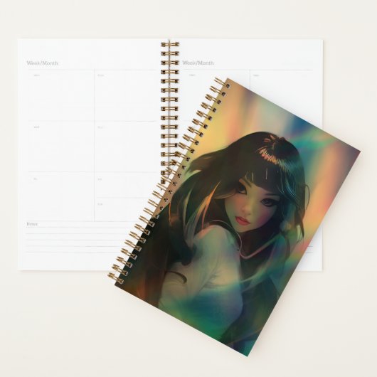 Kunstwerk van anime meisje omringd door regenboogl planner (Display)