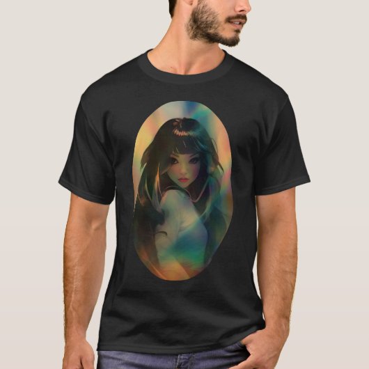 Kunstwerk van anime meisje omringd door regenboogl t-shirt (Voorkant)