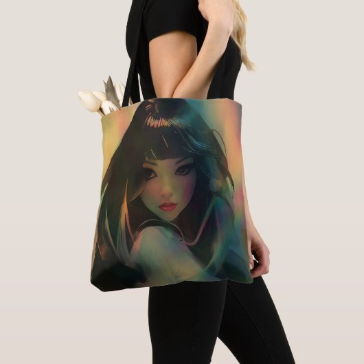 Kunstwerk van anime meisje omringd door regenboogl tote bag (Dichtbij)