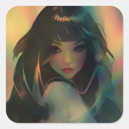 Kunstwerk van anime meisje omringd door regenboogl vierkante sticker (Voorkant)
