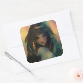 Kunstwerk van anime meisje omringd door regenboogl vierkante sticker (Envelop)