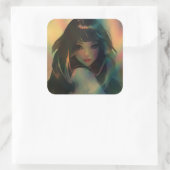 Kunstwerk van anime meisje omringd door regenboogl vierkante sticker (Tas)