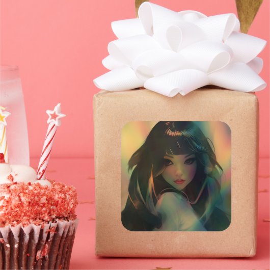 Kunstwerk van anime meisje omringd door regenboogl vierkante sticker (Feest)