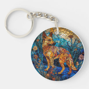 Kunstwerk van glas-in-lood met Kai Ken-hond Sleutelhanger