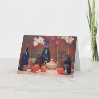 Kunstwerk van orchideeën met suikerpot en flessen kaart