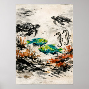 Kunstwerk Zeeschildpad Koraalrif Aquarel Marien Le Poster