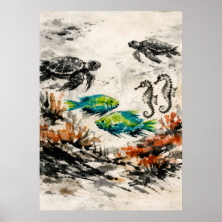 Kunstwerk Zeeschildpad Koraalrif Aquarel Marien Le Poster