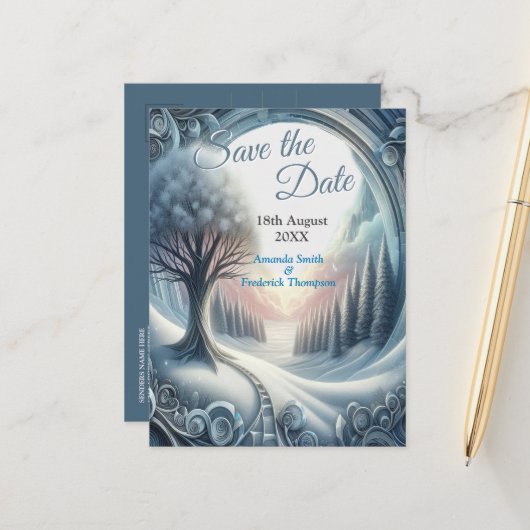 Kunstwinterscène en sneeuw- en ijskristallen vastl aankondigingskaart (Voorkant / Achterkant in situ)