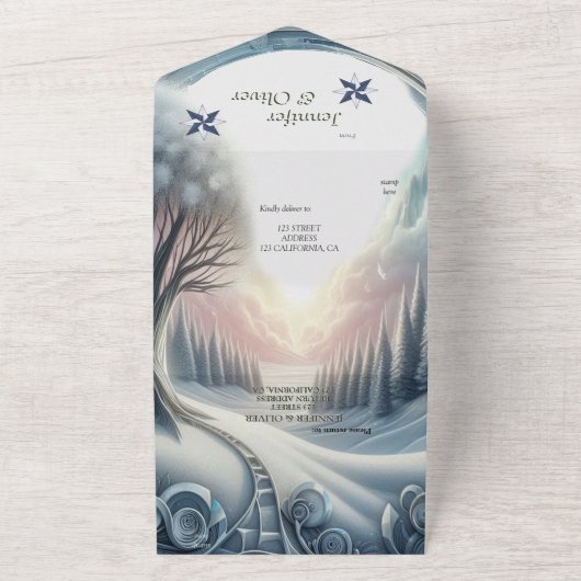 Kunstwinterscène en sneeuw- en ijskristallen vastl all in one uitnodiging (Buitenkant)