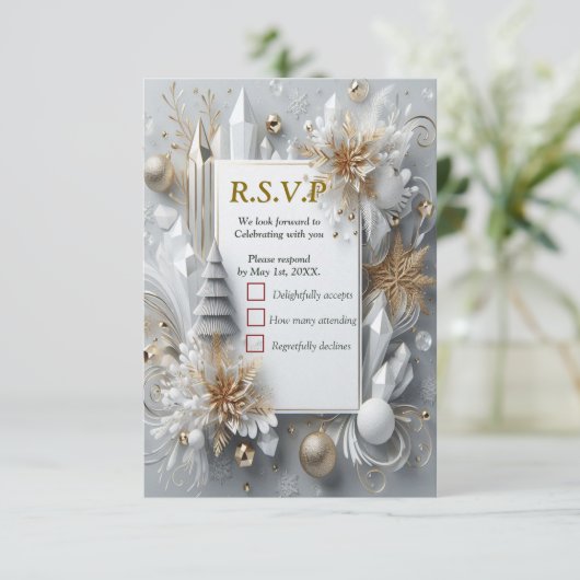 Kunstwinterscène en sneeuw- en ijskristallen vastl RSVP kaartje (Staand voorkant)