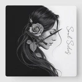 Kunstzinnig vrouwelijk profiel met roos in monochr vierkante klok