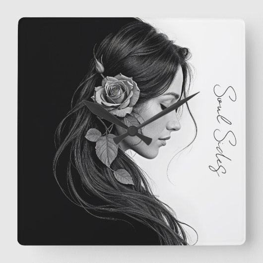 Kunstzinnig vrouwelijk profiel met roos in monochr vierkante klok (Voorkant)