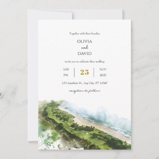 Kunstzinnig zeezicht kustlandschap strand bruiloft kaart (Voorkant)