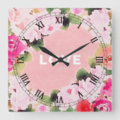 Kunstzinnige Aquarel Roze Rozentuin Liefdes Letter Vierkante Klok (Voorkant)