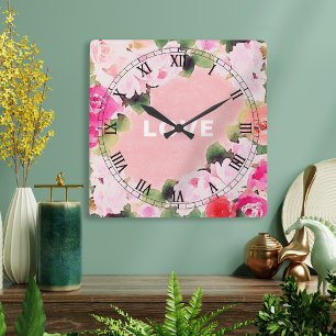 Kunstzinnige Aquarel Roze Rozentuin Liefdes Schrif Vierkante Klok