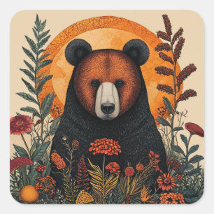 Kunstzinnige Beer Tussen Kleurrijke Bloemen Vierkante Sticker
