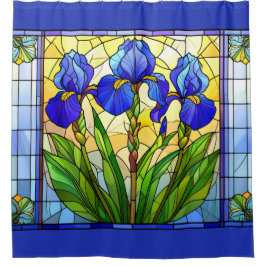 Kunstzinnige Blauwe Iris Bloem Gebrandschilderd Gl Douchegordijn