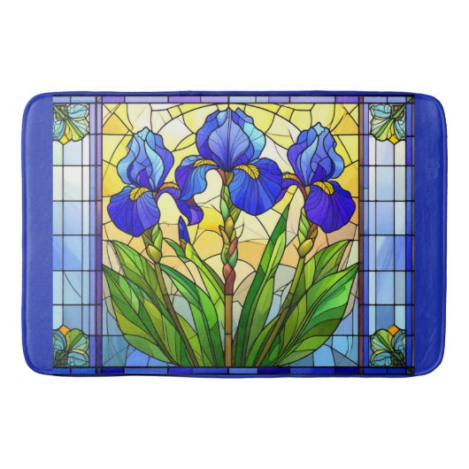 Kunstzinnige Blauwe Iris Bloem Gebrandschilderde M Badmat (Voorkant)
