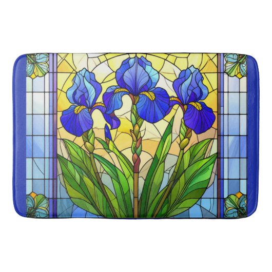 Kunstzinnige Blauwe Iris Bloem Gebrandschilderde M Badmat (Voorkant)