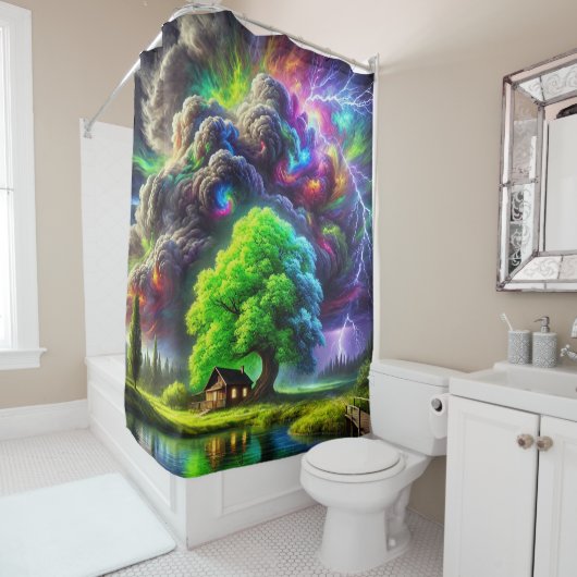 Kunstzinnige boom en zonsondergang scene douchegordijn (In situ)