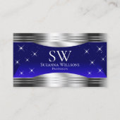 Kunstzinnige Night Sky Blue Silver Border Monogram Visitekaartje (Voorkant)