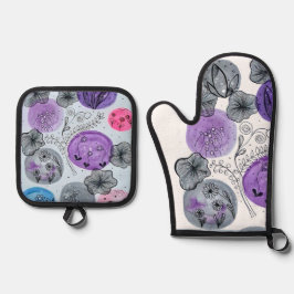 Kunstzinnige paarse waterverf bloem ovenwant & pan pannenlap set