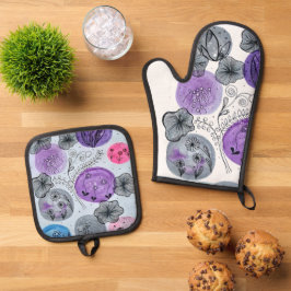 Kunstzinnige paarse waterverf bloem ovenwant & pan pannenlap set