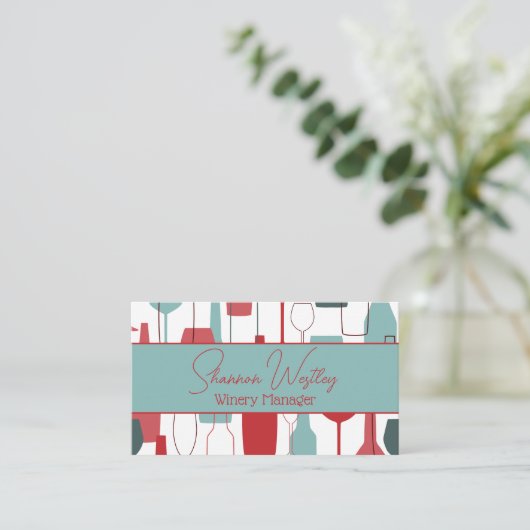 Kunstzinnige wijnflessen en glas visitekaartje (Staand voorkant)
