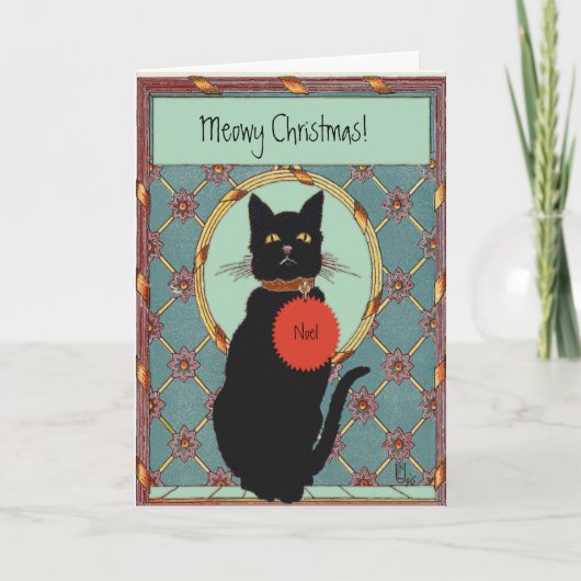 kunstzwart kat "Meowy Kerstmis" Feestdagen Kaart (Voorkant)