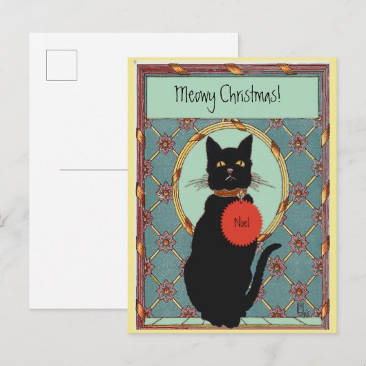  kunstzwart kat "Meowy Kerstmis" Feestdagenkaart (Voorkant / Achterkant)