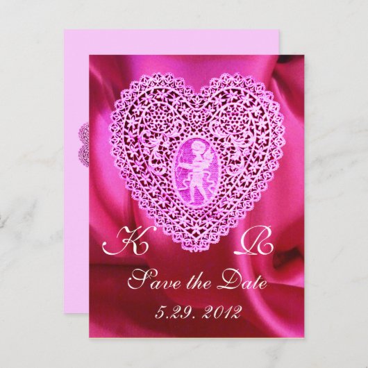 KUPID LACE HEART SILK FUCHSIA CLOTH, Pink Red Aankondigingskaart (Voorkant / Achterkant)