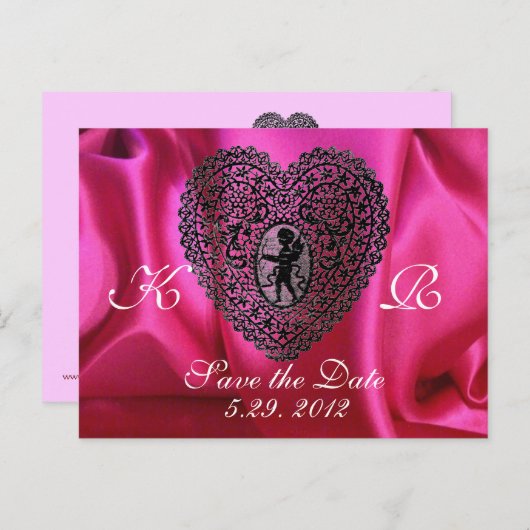 KUPID LACE HEART SILK FUCHSIA CLOTH, roze Black Aankondigingskaart (Voorkant / Achterkant)