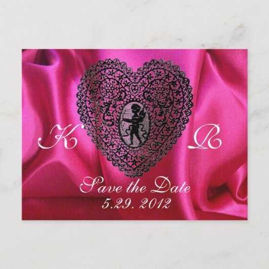 KUPID LACE HEART SILK FUCHSIA CLOTH, roze Black Aankondigingskaart (Voorkant)