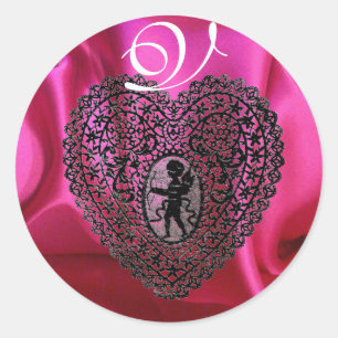 KUPID LACE HEART SILK FUCHSIA CLOTH, roze Black Ronde Sticker