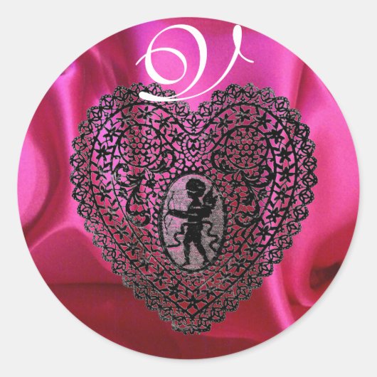 KUPID LACE HEART SILK FUCHSIA CLOTH, roze Black Ronde Sticker (Voorkant)