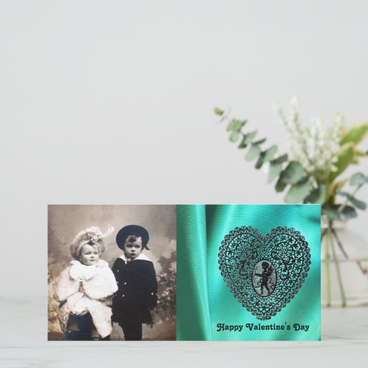 KUPID LACE HEART SILK GREEN BLUE CLOTH, zwart Feestdagenkaart (Staand voorkant)