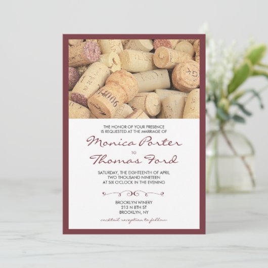 Kurk wijn thema bruiloft uitnodiging (Staand voorkant)