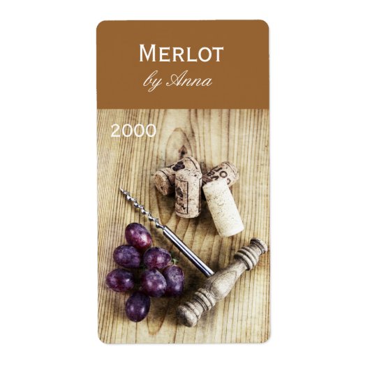 Kurken, kurkentrekker en druiven Wijnfles Etiket (Voorkant)