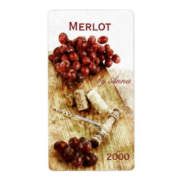 Kurken, kurkentrekker en druiven Wijnfles Etiket