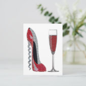 Kurkentrekker Heel Red Stiletto en Champagneglas Briefkaart (Staand voorkant)