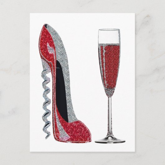 Kurkentrekker Heel Red Stiletto en Champagneglas Briefkaart (Voorkant)