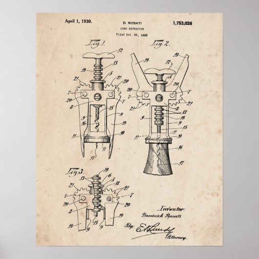Kurkentrekker Patent Print 1928 Poster (Voorkant)