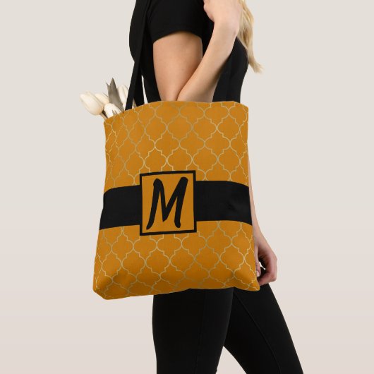 Kurkuma Geel & Goud Quatrefoil Monogram Tote Bag (Dichtbij)