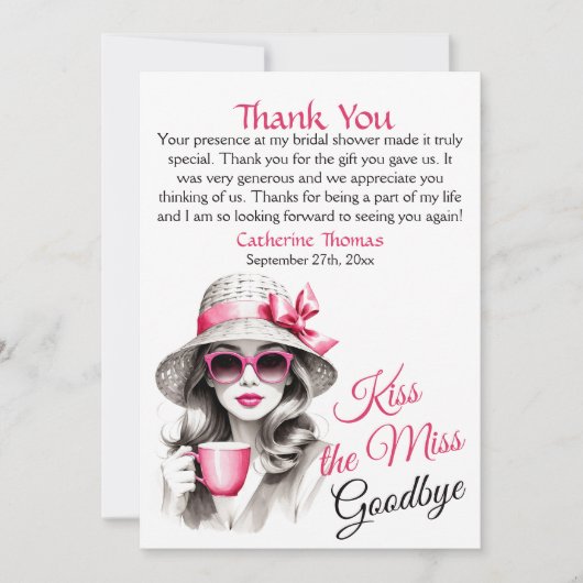 Kus de juffrouw gedag Bruids douche Theepartij Bedankkaart (Voorkant)