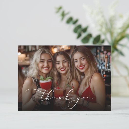 Kus de juffrouw gedag vrijgezellenfeest foto bedankkaart (Staand voorkant)